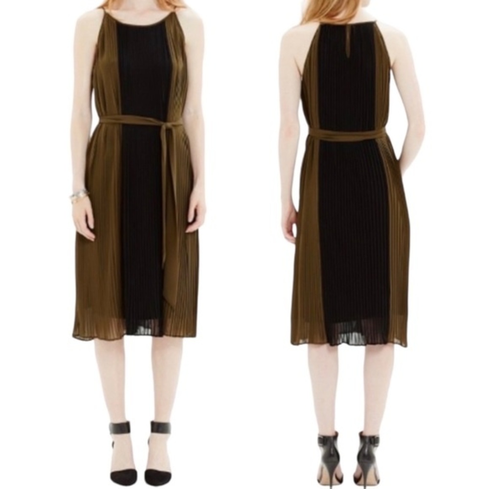 Madewell Shiftpleat Dress Black & Olive Green Accordion Pleated Midi Size 4 | XS